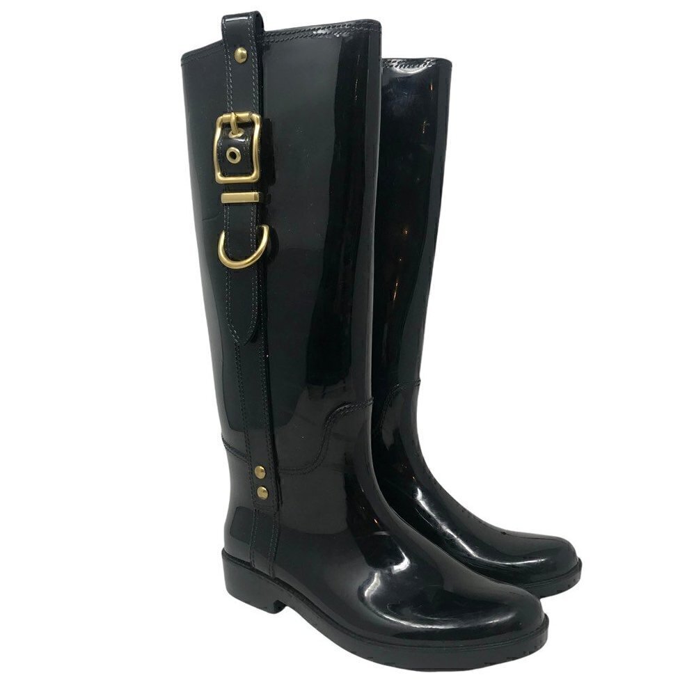 Coach Womens Tasha Riding Rain Boots Black Round Toe Knee High Buckle 7